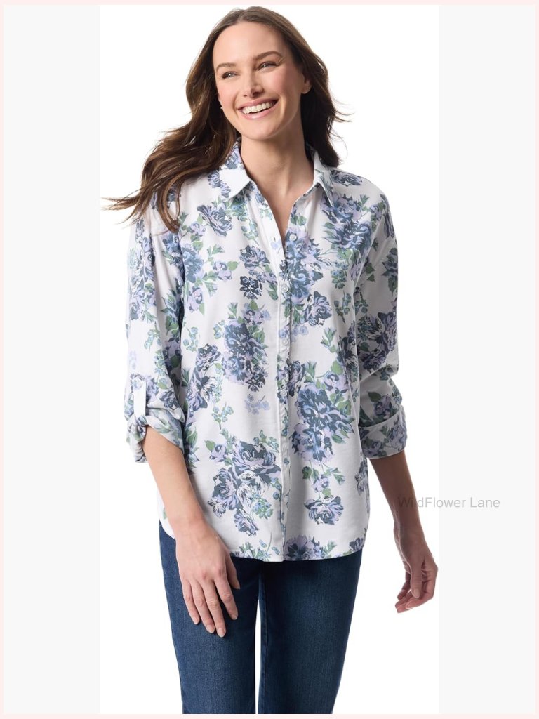 Oversized Button Down Shirt With Roll-Tab Sleeves Floral Long Sleeve
